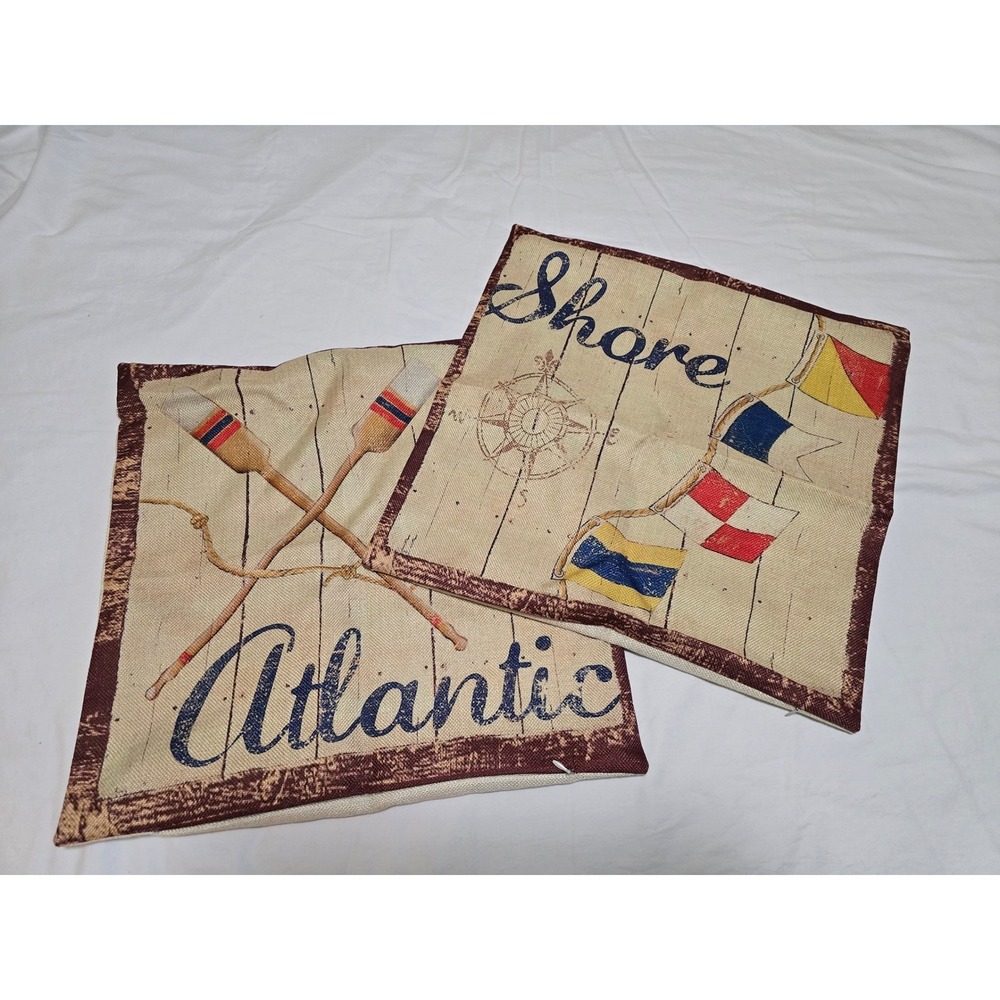 Nautical Coastal Pillow Covers Set of 2 "Shore Atlantic" Ship Flag Compass /0353